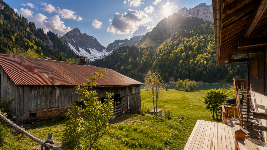 Vieille ferme en Haute-Savoie face au lac et aux montagnes, dans la vallée d’Abondance